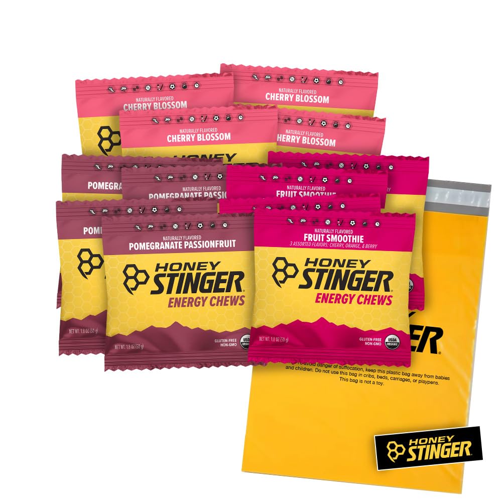 Honning Stinger Organic Energy Chews - Variety Pack - 12 Greve - 4 af hver Flavor - Chewy Gummy Energy Source - Cherry Blossom, Fruit Smoothie & Pomegranate Passionsfrugt - Plus Sticker og Polybag