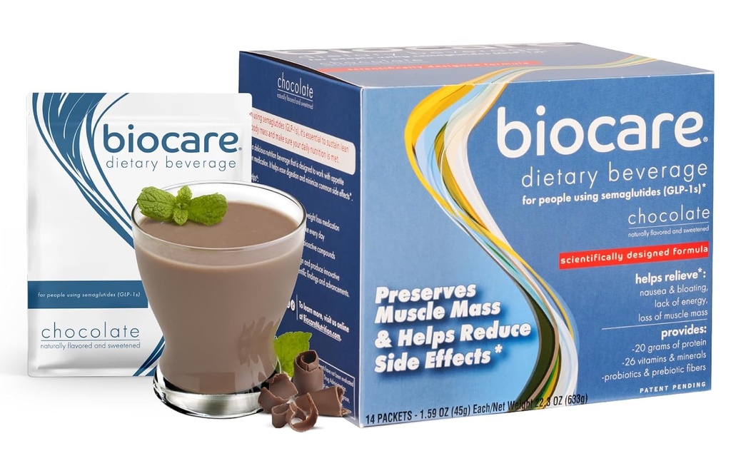 Biocare Nutritional Driving for GLP-1 Brugere, Kosttilskud drik giver 20g essentiel protein, 26 Vitamin / mineral, Hjælper Ease Kvalme, Bloating, Forstoppelse, Chokolade (14 Greve)