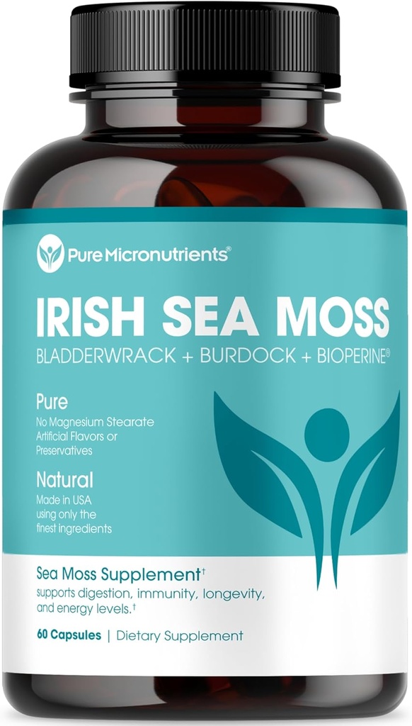Pure Mikronutrients Irish Sea Moss Capsules - Organic Irish Seamoss Pills med Bladderwrack, Burdock & Black Pepper til energi, Immunitet, Thyroid, fordøjelse, hjerte og ben sundhed