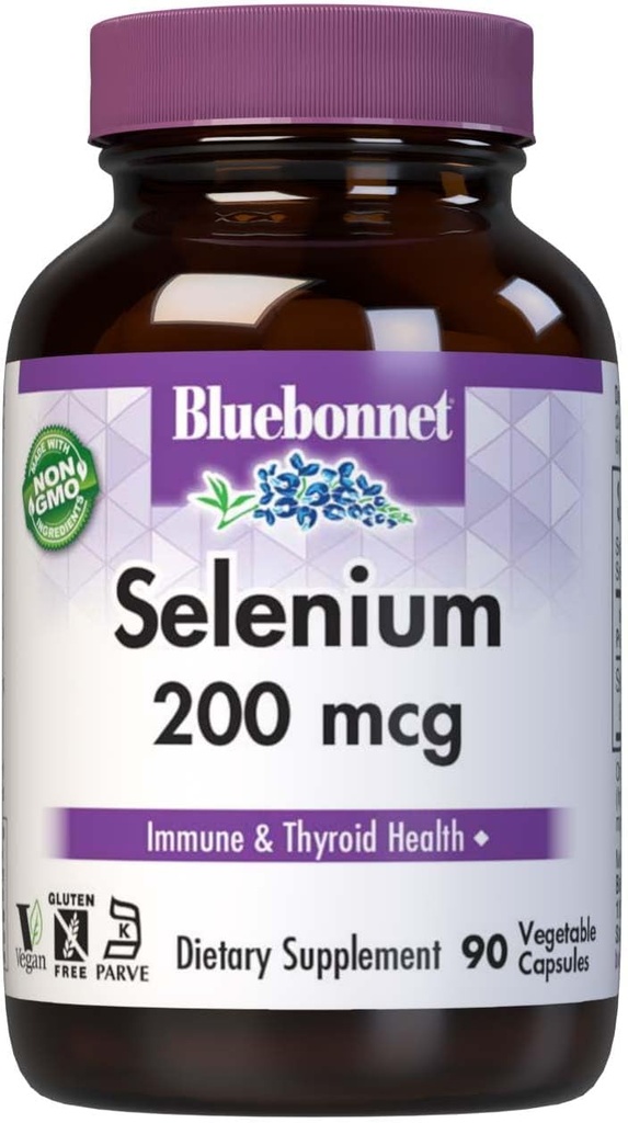 Bluebonnet Selenium 200mcg Kapsler (L- selenomethionin) - Potent Antioxidant Support - Aminosyre Complex Selenium Supplement for kvinder & mænd - Vegan, ikke-GMO, Glutenfri - 90 Vegetabilske Kapsler