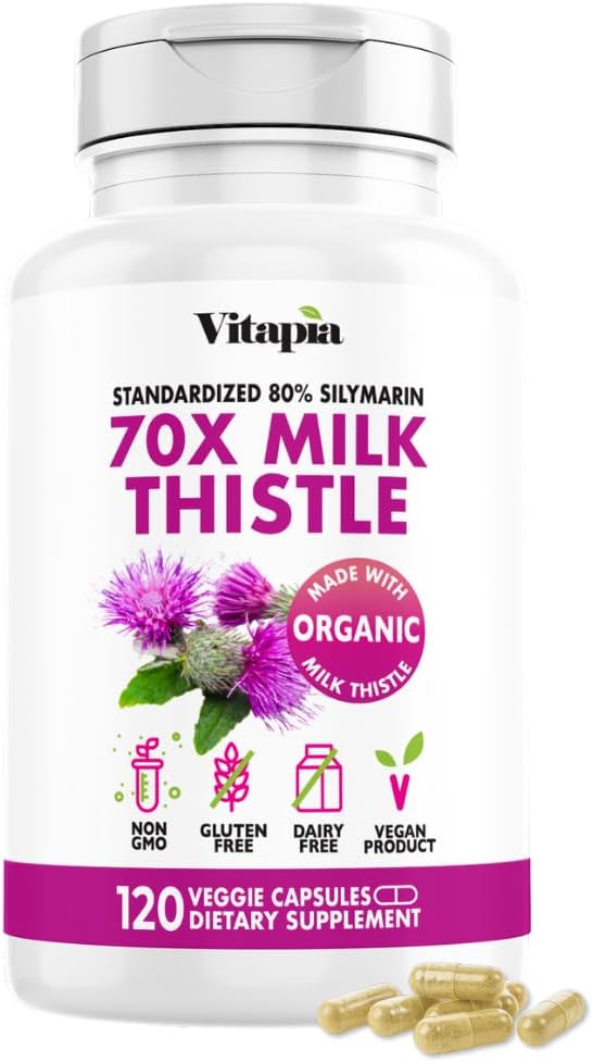 Vitapia Organic Milk Thistle Extract 70: 1 Supplement - Lever Rengøring Detox & Reparation, Lever Health Support, Antioxidanter - 120 Veganske kapsler, Ikke GMO, Gluten Free