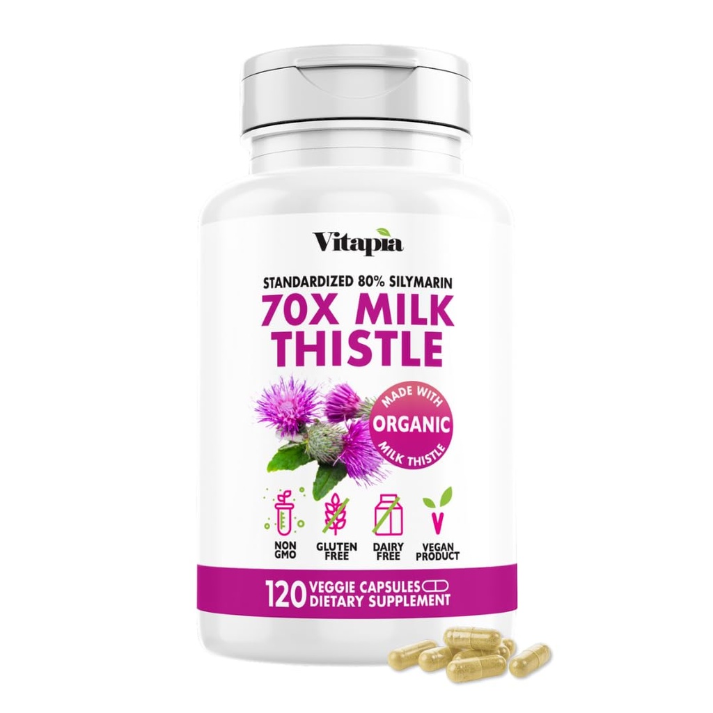 Vitapia Organic Milk Thistle Extract 70: 1 Supplement - Lever Rengøring Detox & Reparation, Lever Health Support, Antioxidanter - 120 Veganske kapsler, Ikke GMO, Gluten Free