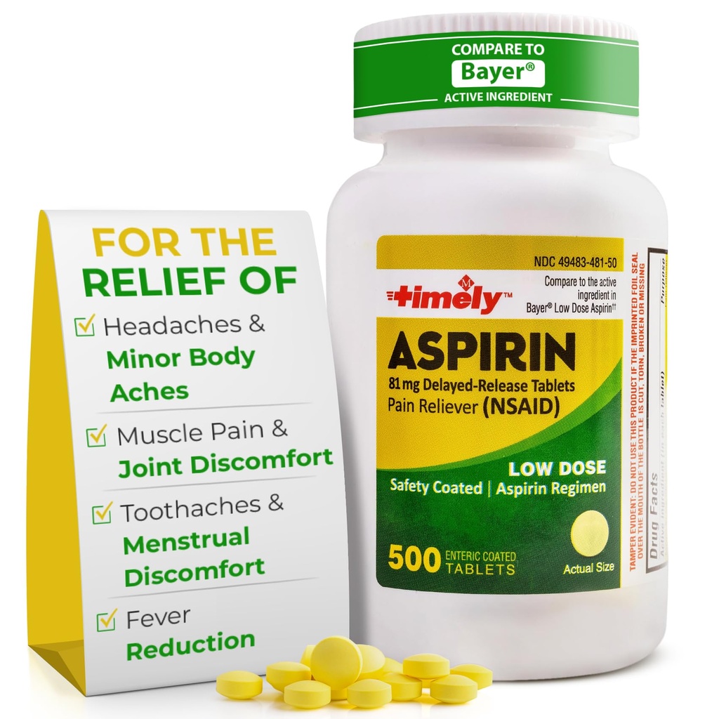 Tidligt lav dosis Aspirin 81mg for voksne - Smerte Reliever for mindre Aches & Feber Reducer - Sammenlignet med den aktive ingrediens i Bayer - Lav styrke Enteric Overtrukket Aspirin - 500 tabletter