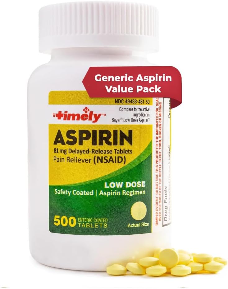 Tidligt lav dosis Aspirin 81mg for voksne - Smerte Reliever for mindre Aches & Feber Reducer - Sammenlignet med den aktive ingrediens i Bayer - Lav styrke Enteric Overtrukket Aspirin - 500 tabletter