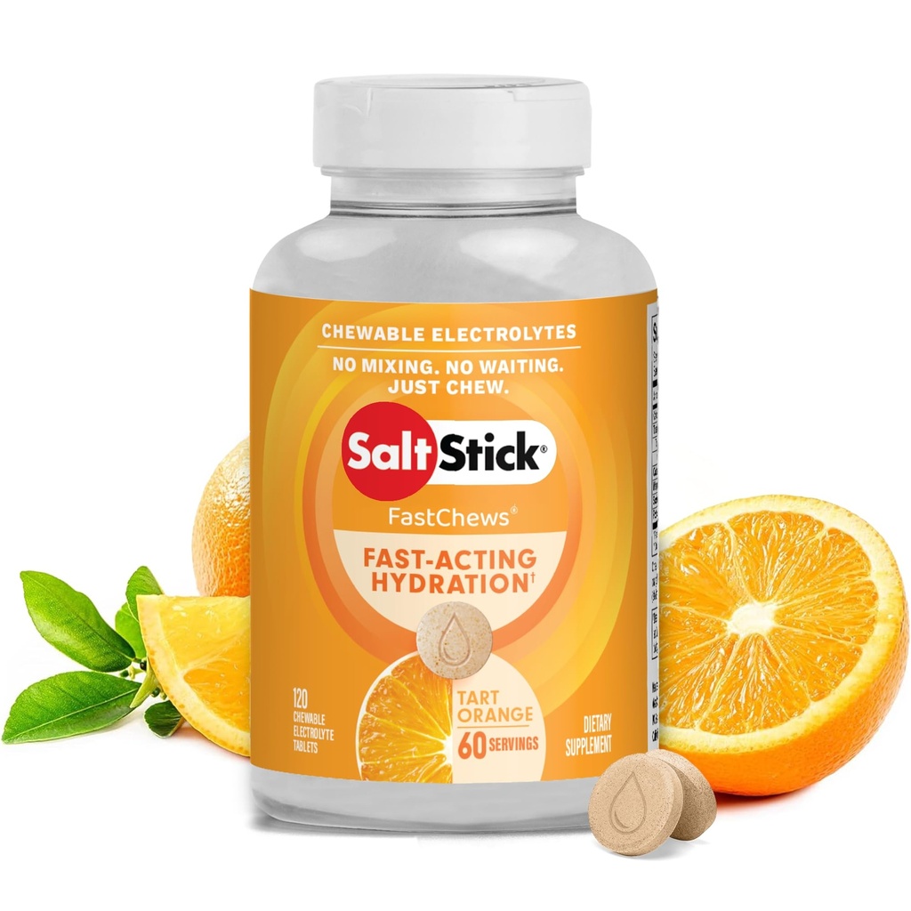 SaltStick Elektrolyte FastChews - 120 Grev Orange Flavor - Chewable Electrolyte Tablets for Hydration, Salt Tabs, Dehydrering Relief