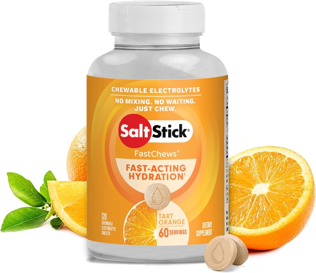 SaltStick Elektrolyte FastChews - 120 Grev Orange Flavor - Chewable Electrolyte Tablets for Hydration, Salt Tabs, Dehydrering Relief