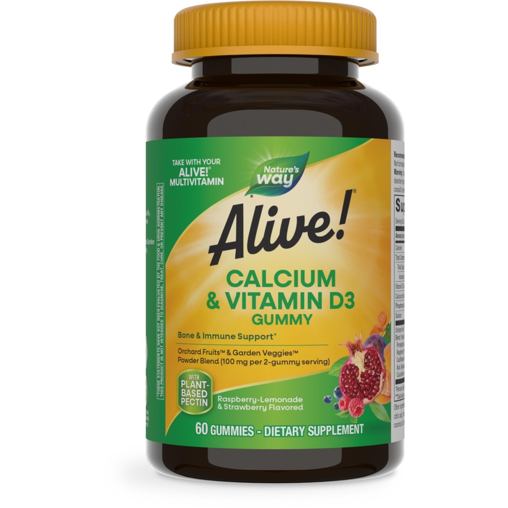 Naturen er i live! Chewable Calcium Gummies med vitamin D3, Dagligt tillæg understøtter sunde knogler og tænder, og muskel funktion *, Jordbær og Raspberry-Lemonade Flavored, 60 Gummies