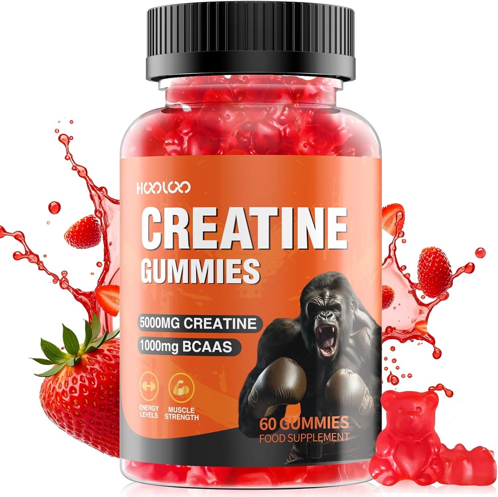 HOOLOO Creatinin Gummies 5000mg Creatinine Monohydrat, 1000mg BCAA per servering - Chewable Vegan Sugar Free Gummies, Strawberry Flavour (1 måned Tilgang)