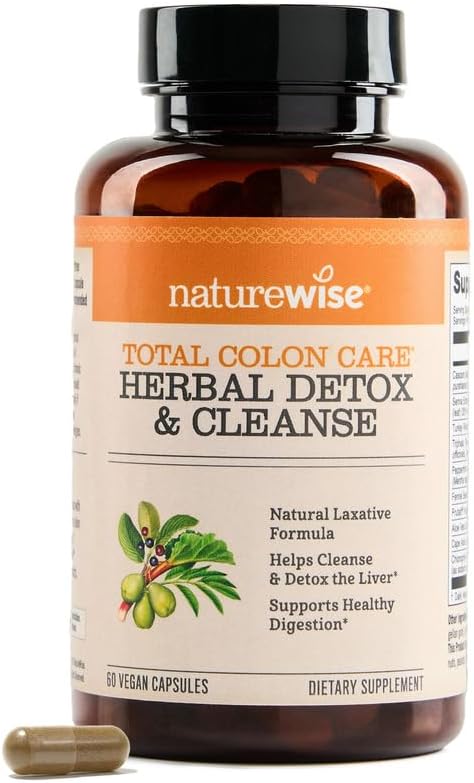Naturewise Total Colon Care Herbal Cleanse - Med Prebiotika, Botanicals, & Antioxidanter - for regelmæssig tarmbevægelse, fordøjelse, Gut Sundhed - Vegan, Gluten- fri, Non- GMO - 60 kapsler [2-måned Tilgang]