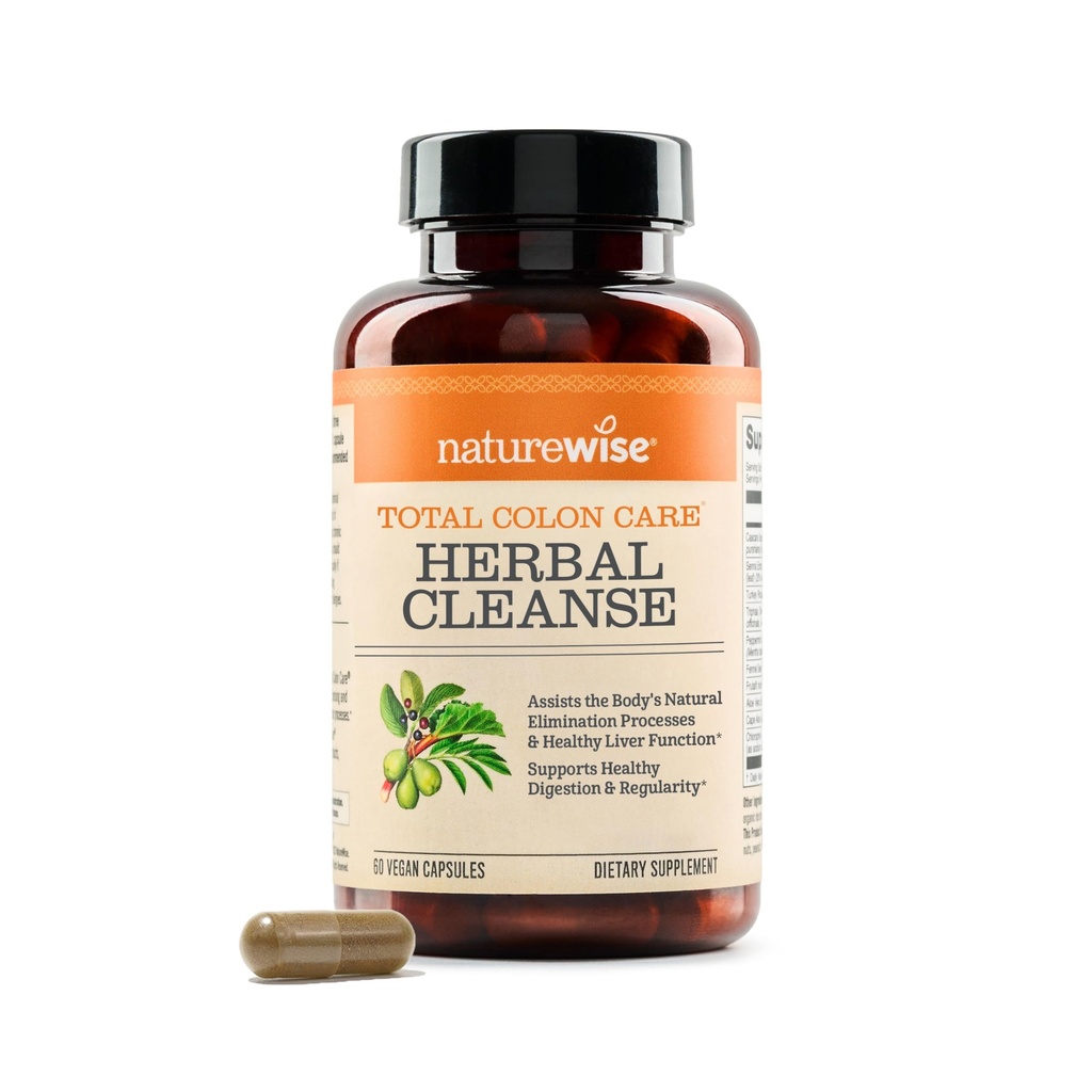 Naturewise Total Colon Care Herbal Cleanse - Med Prebiotika, Botanicals, & Antioxidanter - for regelmæssig tarmbevægelse, fordøjelse, Gut Sundhed - Vegan, Gluten- fri, Non- GMO - 60 kapsler [2-måned Tilgang]