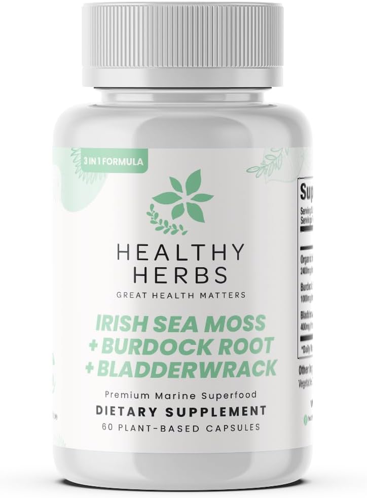 Sunde urter Fremstillede havmosser Kapsler 124; 2280mg Advanced Ocean Green Complex Irish Sea Moss Superblare 124; US- Made, Vegan, Non- GMO, Easy- Swallow (60 Kapsler)