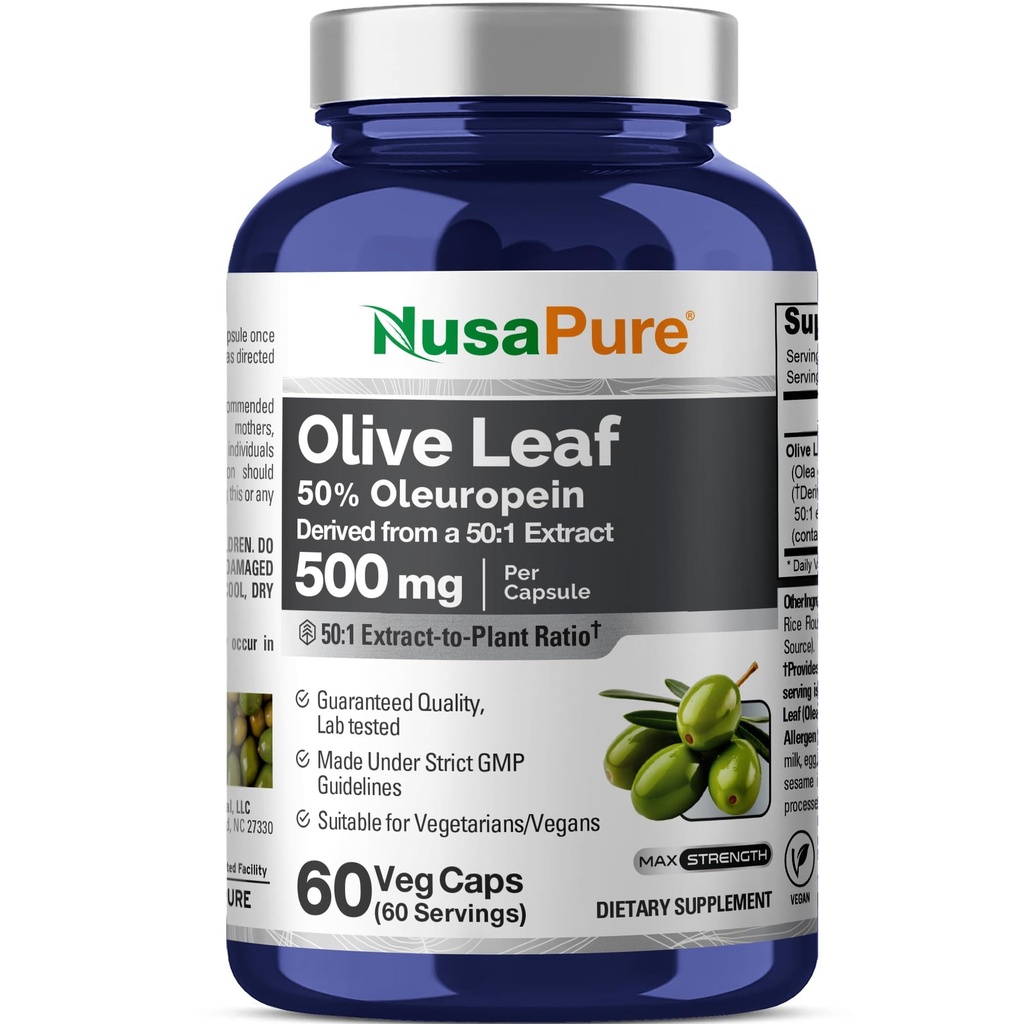 NusaPure Olive Leaf 50: 1 Extract, 500 mg Tilsvarende 25,000mg - 50% Oleuropein Vegan / Vegetar - Super Strength No Oil 60 Capsules