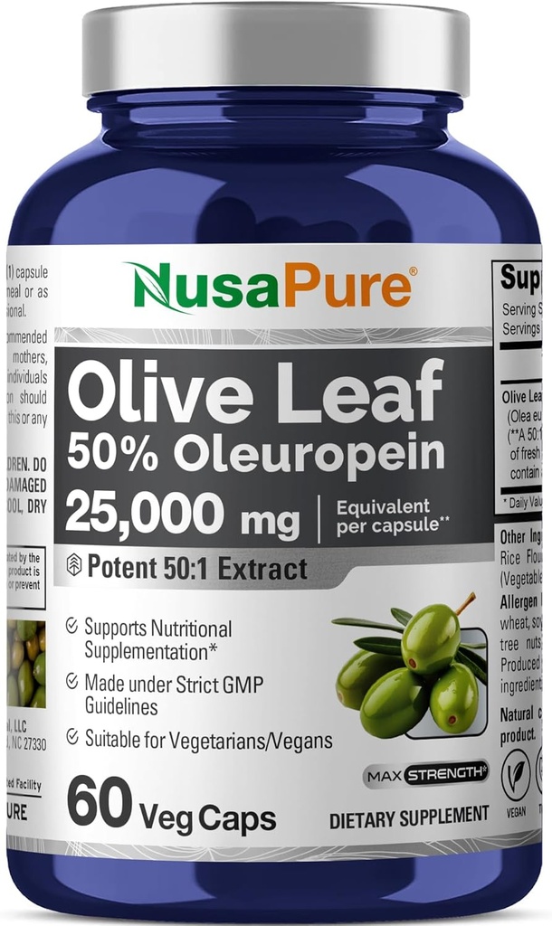 NusaPure Olive Leaf 50: 1 Extract, 500 mg Tilsvarende 25,000mg - 50% Oleuropein Vegan / Vegetar - Super Strength No Oil 60 Capsules