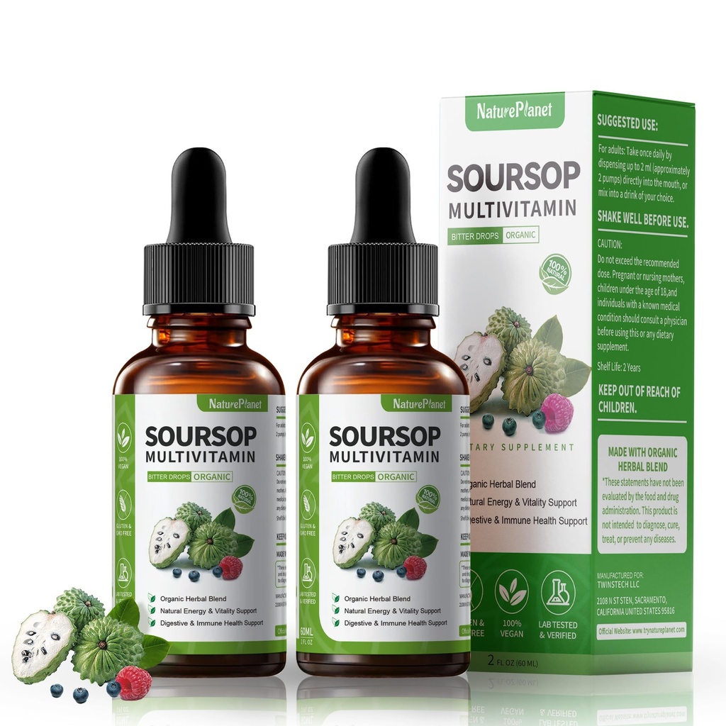 Soursop Bitters Liquid Drops med C-vitamin, D3, B6, Soursop Fruit & Leaf Extract + 10 Bitters Botanicals for immunsupport fordøjelsesmedicin Antioxidant Boost Non- GMO Vegan 120ml / 4 Fl Oz