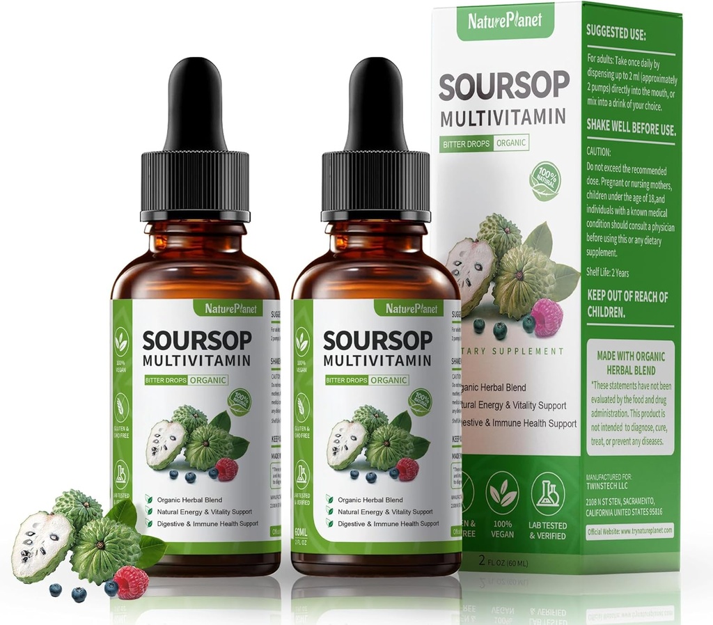 Soursop Bitters Liquid Drops med C-vitamin, D3, B6, Soursop Fruit & Leaf Extract + 10 Bitters Botanicals for immunsupport fordøjelsesmedicin Antioxidant Boost Non- GMO Vegan 120ml / 4 Fl Oz