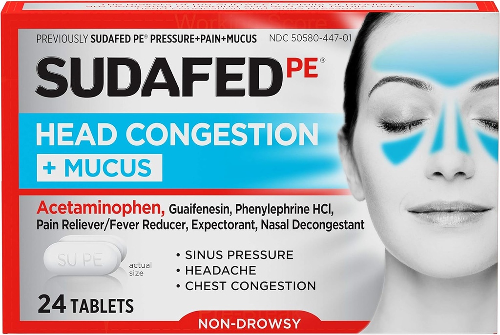 Pludselig PE Head Congestion + Mucus Tablets for Sinus Pressure, Pain & Congestion, 24 ng