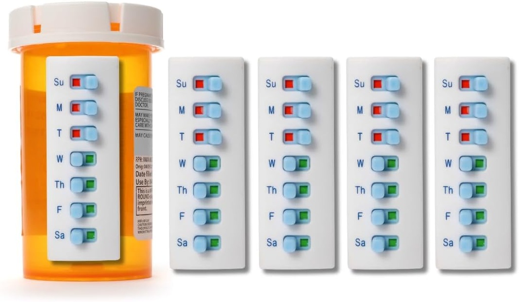 Tag Glide Peel og Stick Genbruges til 12 + Refills, Pill / Medicin / Vitamin / Pet Med Tracker & Reminder, Vedlæg til din flaske, Organizer-Free, Buet Back (Hvid, 5 - Pack)