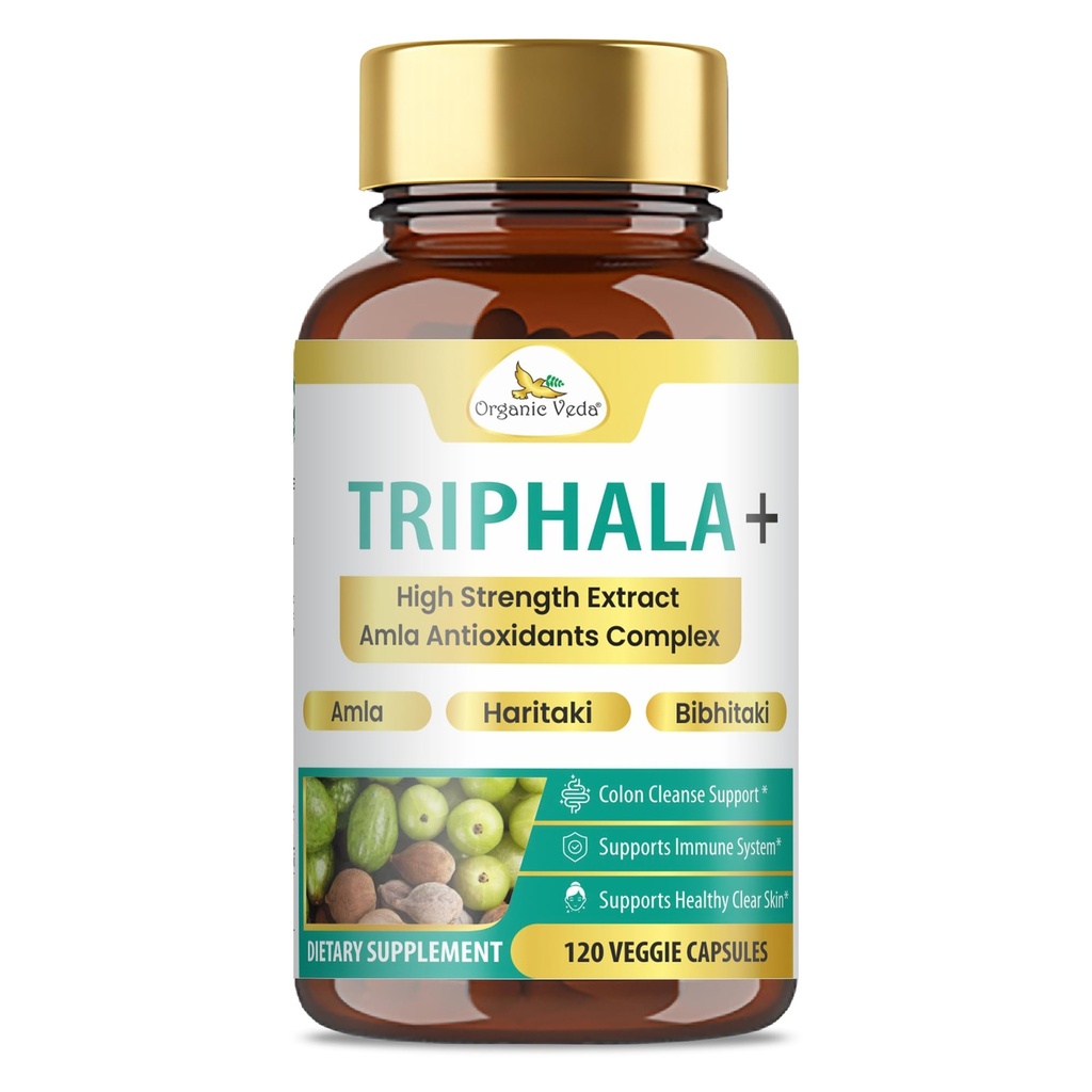 Organic Veda Triphala Kapsler - Ultra Koncentreret Amla Extract Organic Triphala tillæg med naturlige C-vitamin - for kolon renhed, hudstråling, Immunitet & fordøjelse - 120 Vegan piller