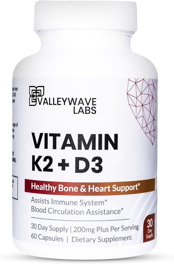 Vitamin D3 K2 kapsler - 2 - in-1 Vitamin K2 MK7 100 mcg + VIT D3 5000 IE (125 mcg) Kosttilskud til støtteben, tænder, muskler og immunforsvar Support *, 60 Tæl
