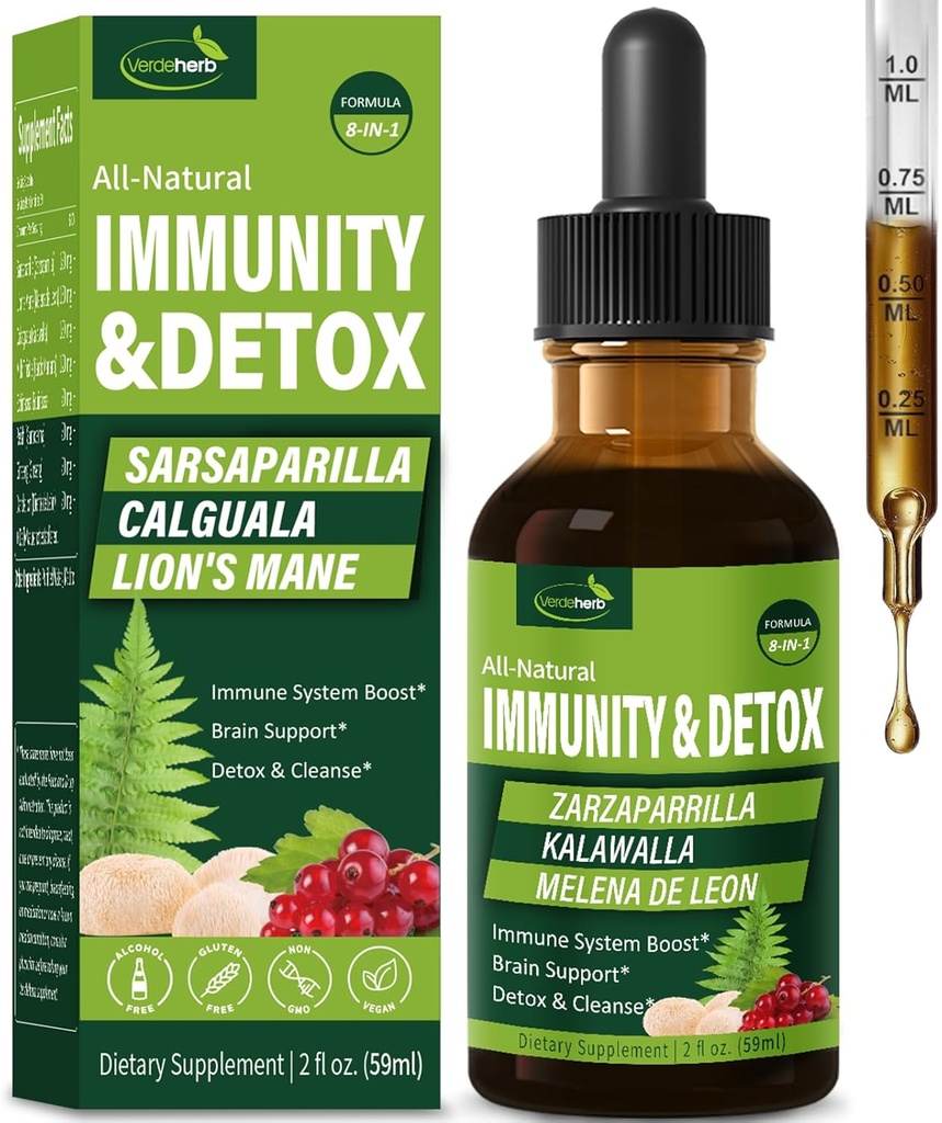 Sarsaparilla & Kalawalla Root (Polypodium Leucotomos) Immunitet & Detox Drops, Natural Herbal Immunsupport Formel w / Lions Mane. Gotas de Zarzapararrilla, Cardo Mariano y Melena. 2oz