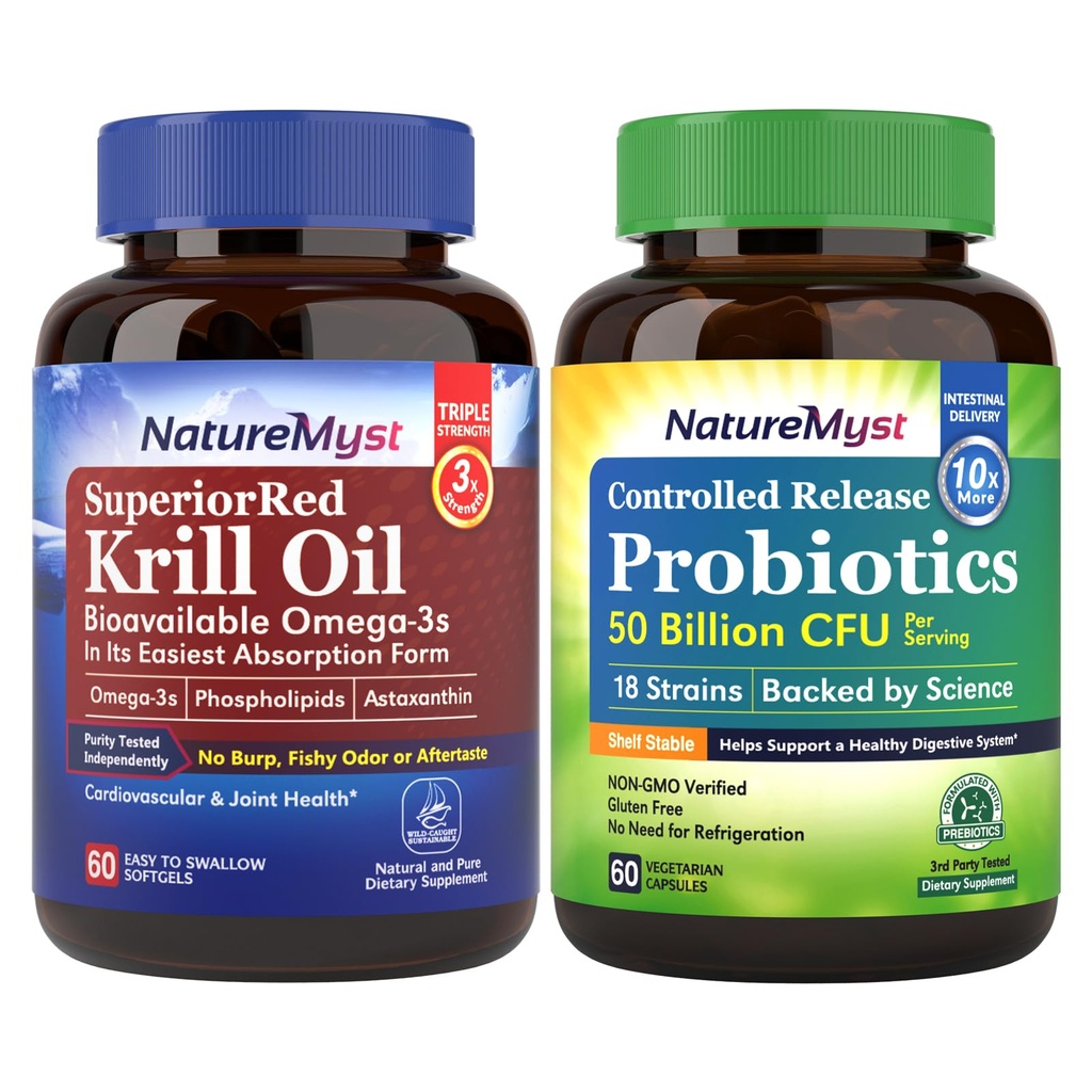 Krill Oil and Probiotics 50 Billion Bundle, Professional Grade, non-GMO, hjerte, fælles, Gut funktion & immunforsvar