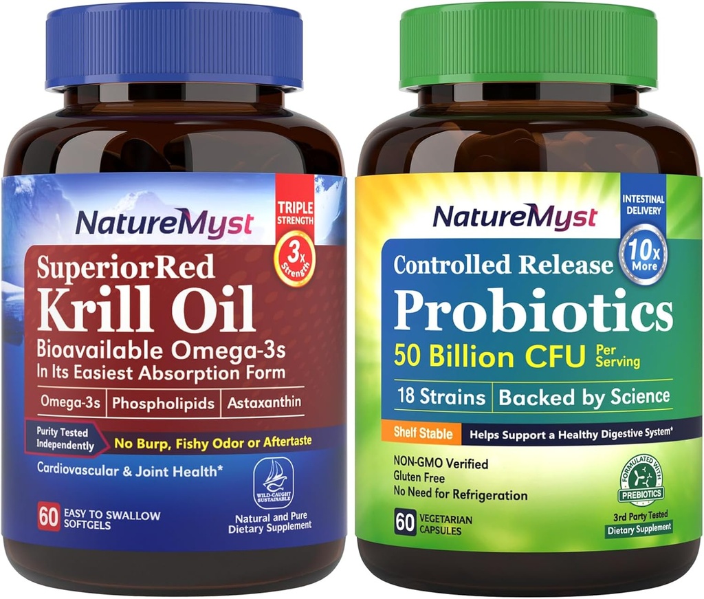 Krill Oil and Probiotics 50 Billion Bundle, Professional Grade, non-GMO, hjerte, fælles, Gut funktion & immunforsvar