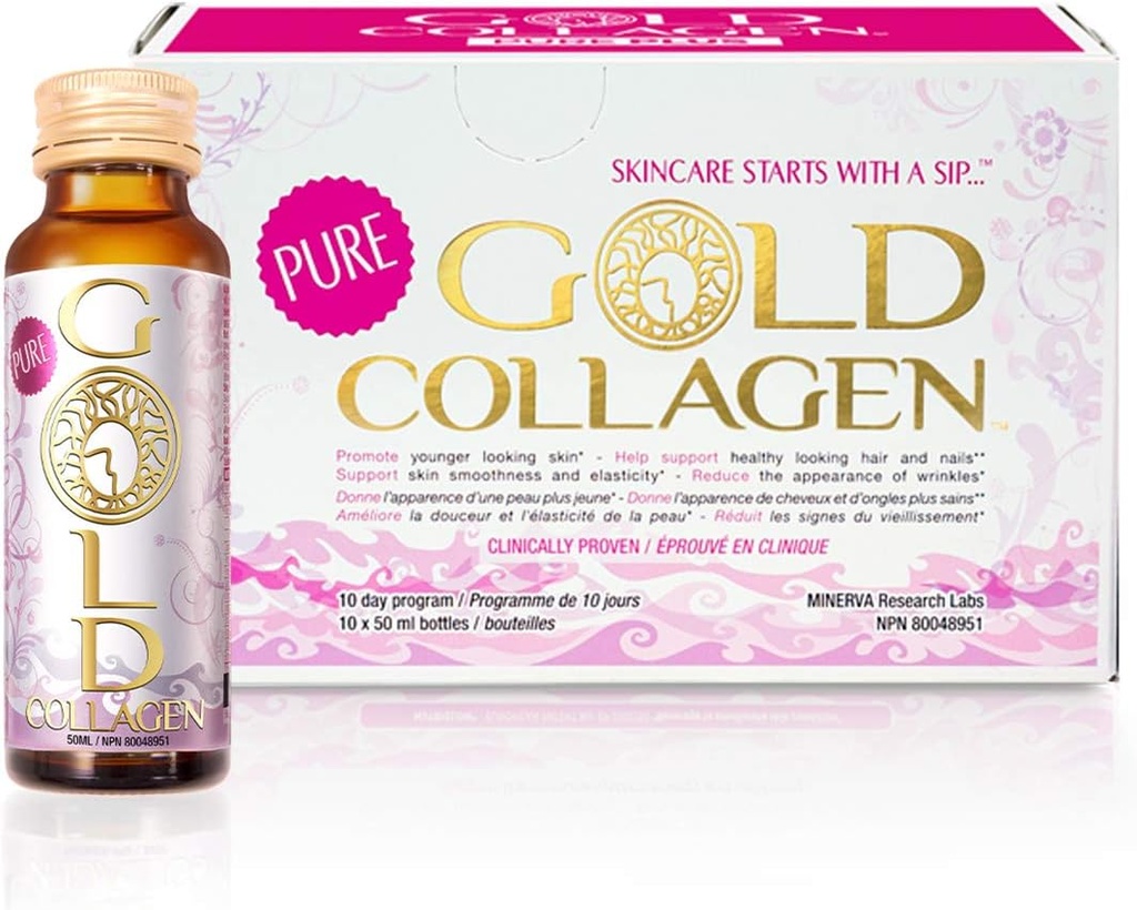 GOLD COLLAGEN Pure - Collagen Kosttilskud til kvinder og mænd med Biotin for hårvækst, hud og negle - Anti Wrinkle immunsystem Booster med hyaluronsyre, C-vitamin, B6 og zink, 1 Pack 10x50 ml