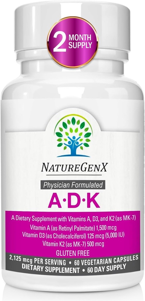 ADK vitamintilskud 5000 IE - højpotens Vitaminer A, D3 og K2 for ben sundhed og kalciumabsorption 124; Gluten- fri vitamin ADK supplement, 60 dages forsyning, 60 kapsler