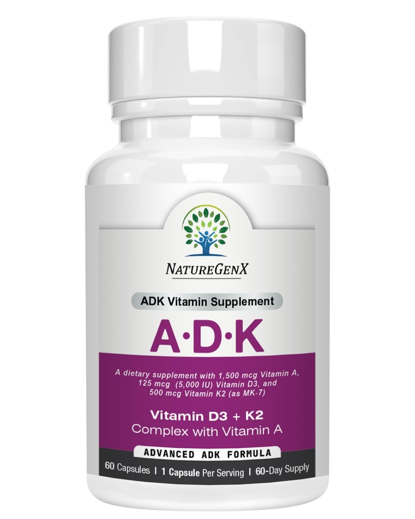 ADK vitamintilskud 5000 IE - højpotens Vitaminer A, D3 og K2 for ben sundhed og kalciumabsorption 124; Gluten- fri vitamin ADK supplement, 60 dages forsyning, 60 kapsler
