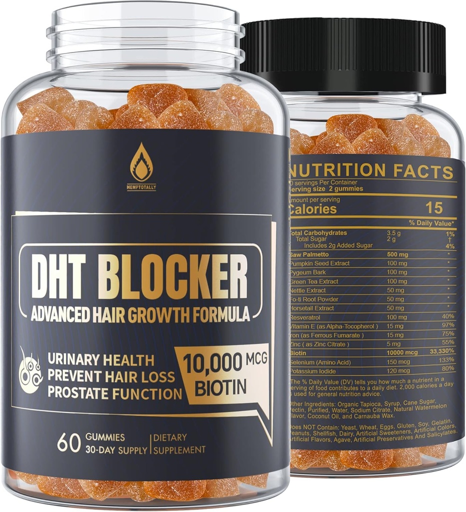 DHT Blocker Gummies Hårvækst Supplement, Super Potence Saw Palmetto & Biotin 10000 mcg for kvinder & mænd, Plus 12 Proprietary Blend - Forebyg hårtab, Blocking DHT Receptorer, Hormonal Balance