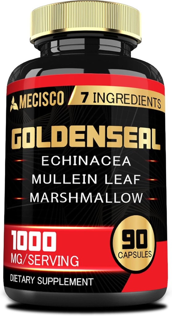 Goldenseal Root Capsule med Echinacea, Mullein Leaf, Plantain & Mere - 90 Veggie Capsules - 7in1 Understøtter immunsystem, fordøjelsessygdomme, Glat vejrtrækning, og bodymanagement