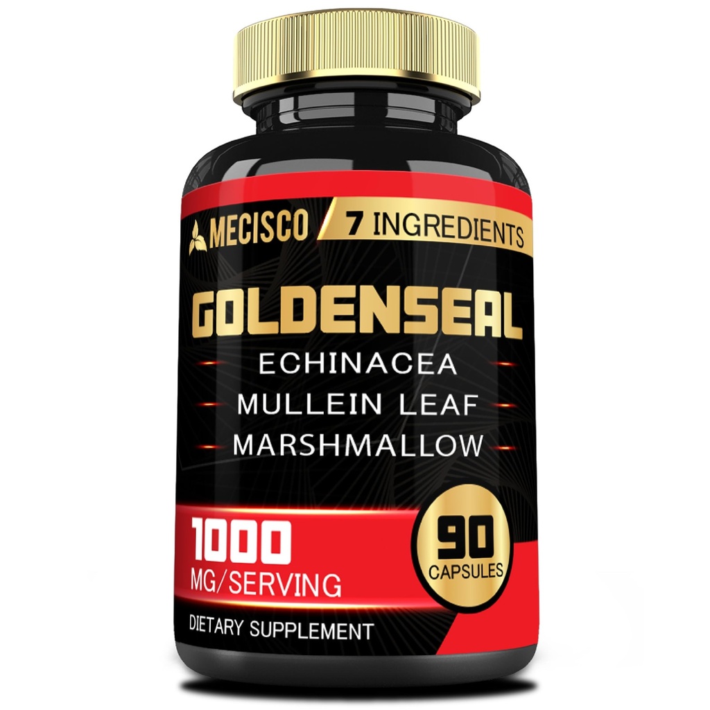 Goldenseal Root Capsule med Echinacea, Mullein Leaf, Plantain & Mere - 90 Veggie Capsules - 7in1 Understøtter immunsystem, fordøjelsessygdomme, Glat vejrtrækning, og bodymanagement