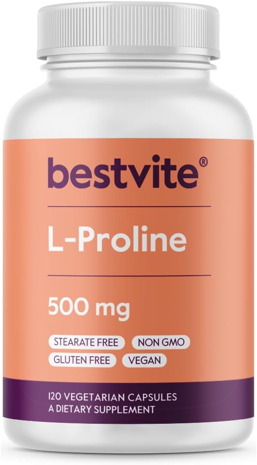 BESTVITE L- Proline 500mg (120 vegetariske kapsler) - Ingen stearater - Ingen Fillers - Vegan - Gluten Free - Ikke GMO