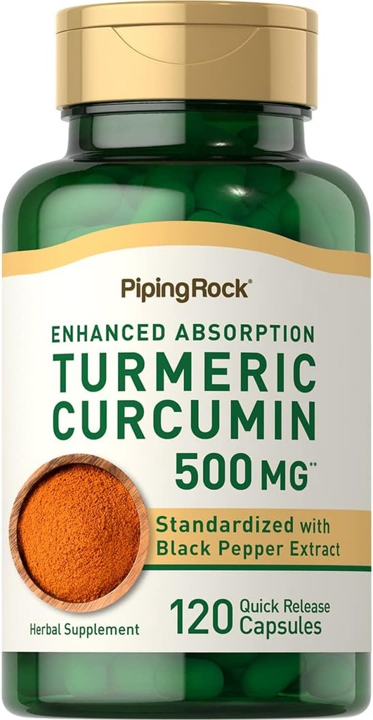 Piping Rock Turmeric Curcumin with Black Pepper 500mg | 120 Capsules | Standardized Herbal Supplement | Non-GMO, Gluten Free