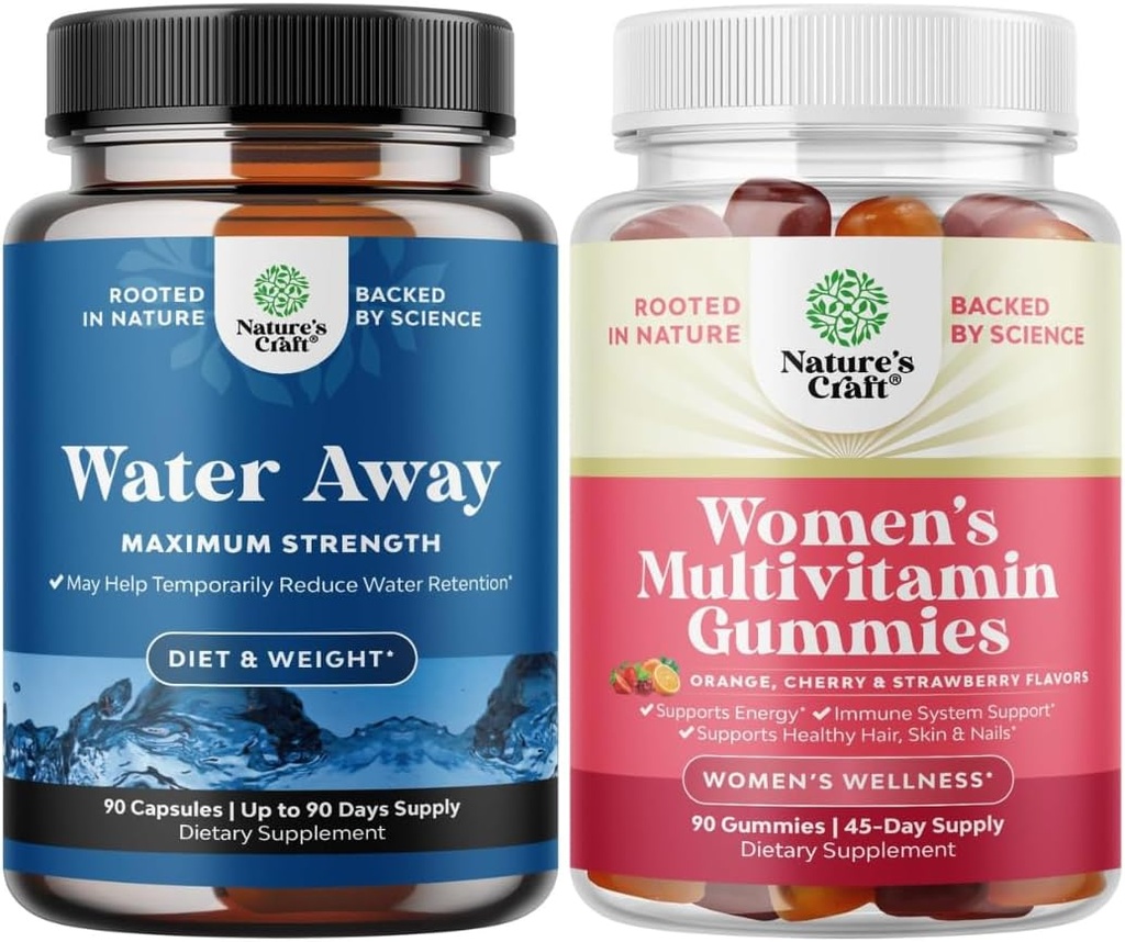 Bundle of Water Away Pills - Fluid retention Supplement med Mælkebøtte Leaf Uddrag til Bloating Relief - Kapsler til ben & fødder Hævelse og kvinders Multivitamin Gummies for voksne Energi & Immunitet