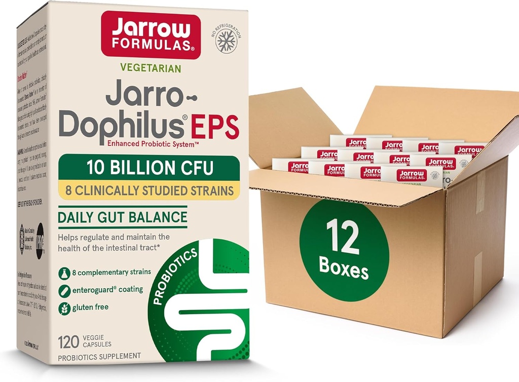 Jarrow Formulas Jarro- Dophilus EPS Probiotika 10 Millioner CFU til Intestinal Tract Support, Probiotisk supplement til Gut Sundhed for kvinder og mænd, 120 Veggie kapsler, Op til en 60 dages forsyning, pakke med 12