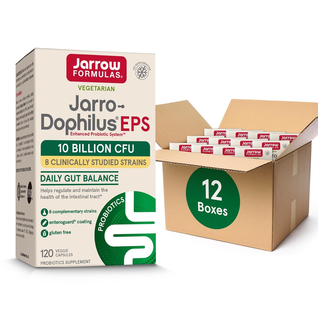 Jarrow Formulas Jarro- Dophilus EPS Probiotika 10 Millioner CFU til Intestinal Tract Support, Probiotisk supplement til Gut Sundhed for kvinder og mænd, 120 Veggie kapsler, Op til en 60 dages forsyning, pakke med 12