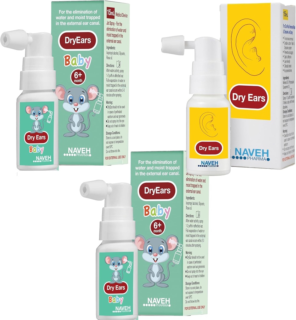 NAVEH PHARMA (2 Enheder af tørre ører Baby 0.5oz + 1 Enheder Tør øre 1oz) - svømmere Ear Drops Spray - Øre tørring Drops til svømmere voksne og børn / Fjern vand fanget i ører og forebyggelse, infektion,