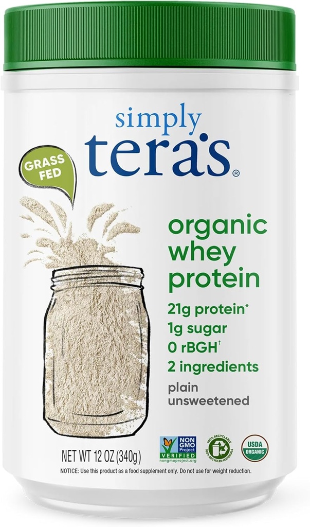 simpelthen tera 's Organic Whey Protein Powder - Græs Fed Whey Protein Powder uden kunstige sødestoffer, Unflavored, Non- GMO, Kosher, Gluten- Free - Plain Unsweeened 12 Oz.