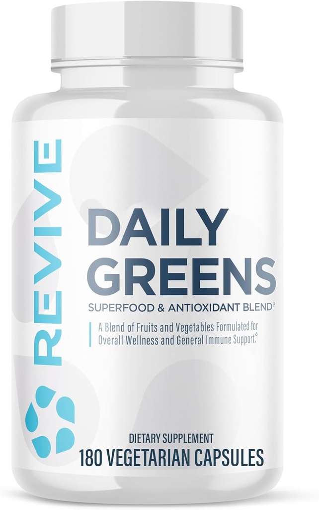 Revive MD Daily Green tillæg for mænd og kvinder - Superfood & Antioxidant Blend w / fordøjelsesenzymer, Prebiotika & Probiotika til immunforsvar, fordøjelsessygdomme & tandkød - 180 kapsler (60 Servere)
