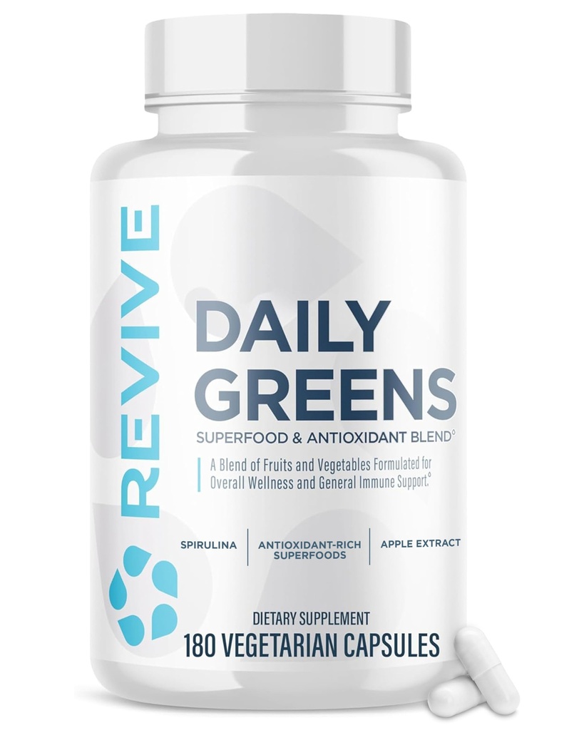 Revive MD Daily Green tillæg for mænd og kvinder - Superfood & Antioxidant Blend w / fordøjelsesenzymer, Prebiotika & Probiotika til immunforsvar, fordøjelsessygdomme & tandkød - 180 kapsler (60 Servere)