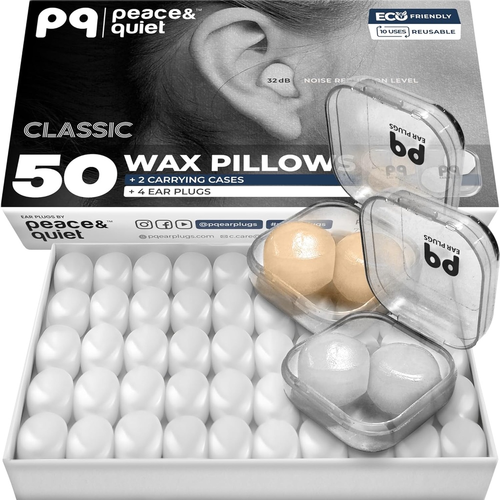 PQ Wax Ørestik til søvn, svømning - 50 Støj Annullering Silicone Gel Wax Ørepropper, Ørebeskyttelse til søvn og svømning, Soft Wax puder med Sound Blocking Niveau 32Db, (50 puder), Farve: Hvid