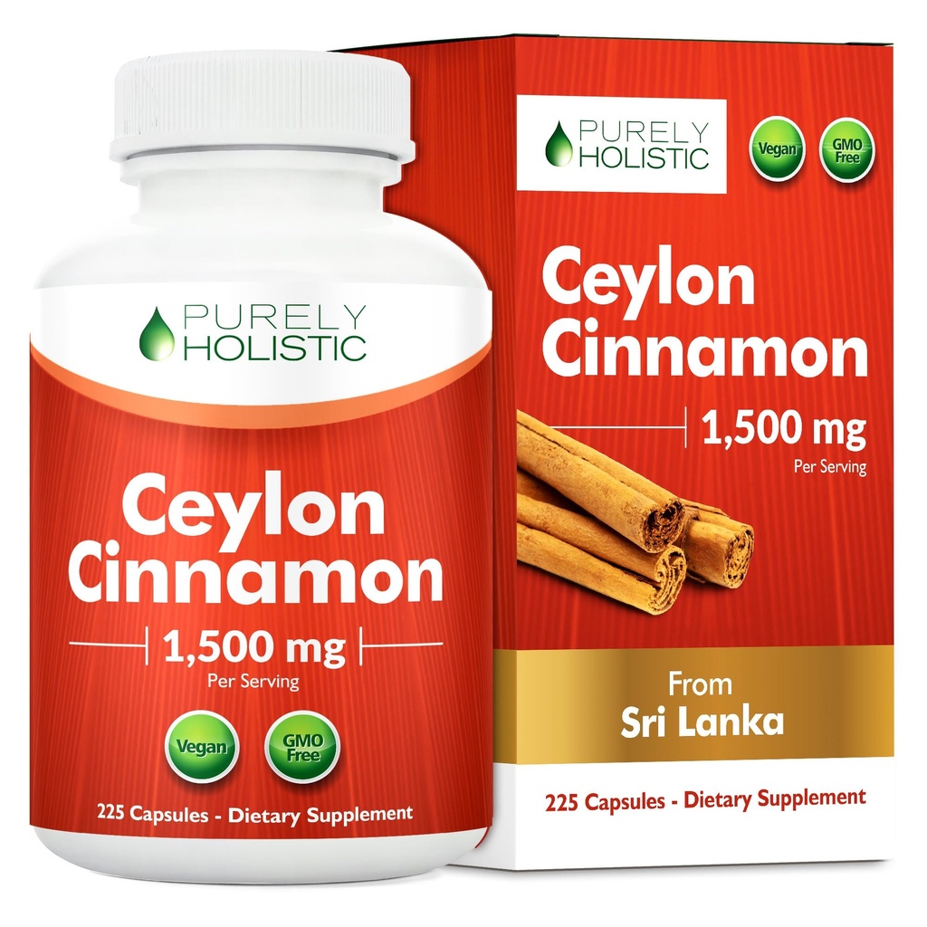 Rent holistiske Ceylon kanel kapsler 1500mg, 225 Vegan kanel kapsler, 75 dages forsyning (25% flere servicer), True Sri Lankan Ceylon kanel supplement