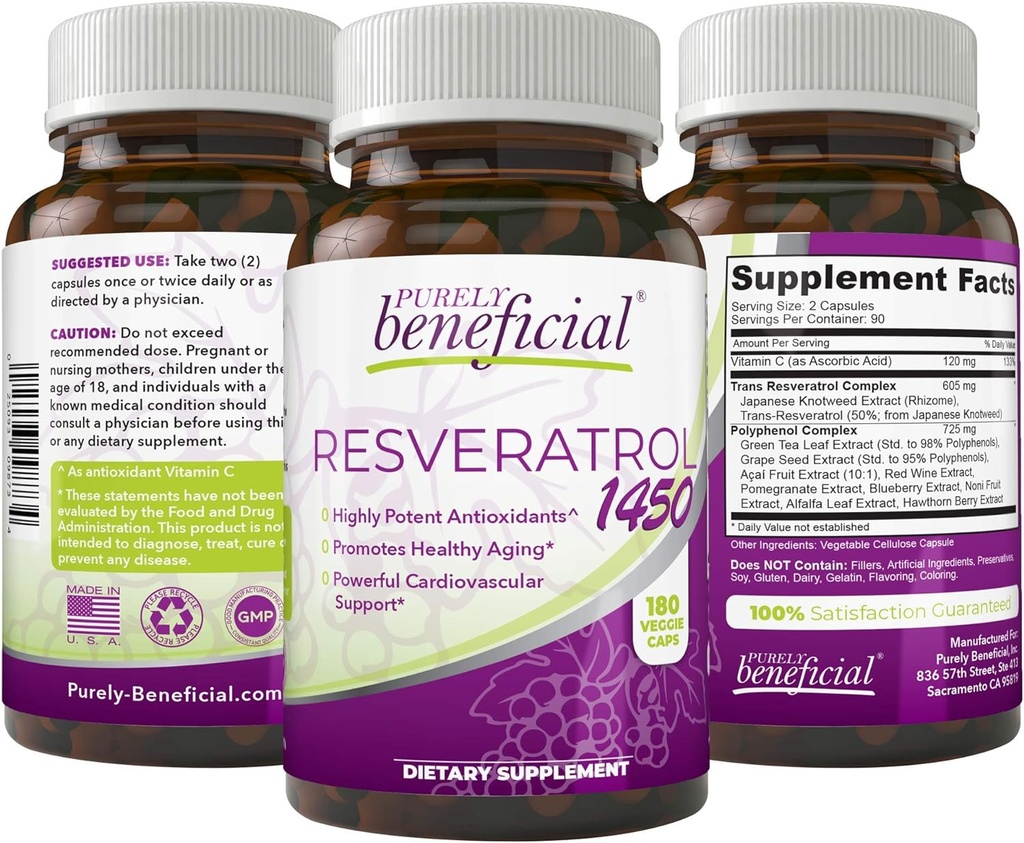 PURELY gavnlig RESVERATROL1450- 90day Supply, 1450mg per Servering af Potent Antioxidanter & Trans- Resveratrol, fremmer Anti- Aging, Kardiovaskulær Support, Maksimale fordele (1 flaske)