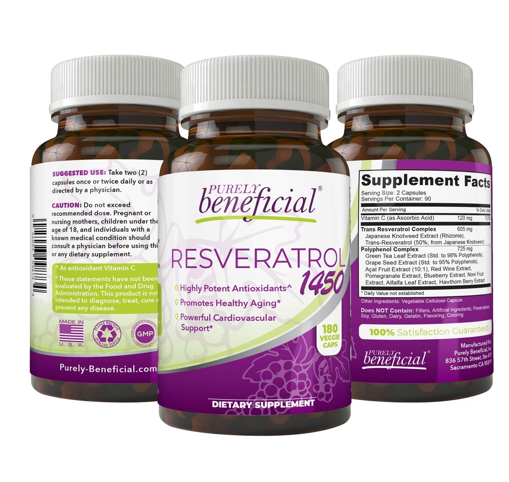 PURELY gavnlig RESVERATROL1450- 90day Supply, 1450mg per Servering af Potent Antioxidanter & Trans- Resveratrol, fremmer Anti- Aging, Kardiovaskulær Support, Maksimale fordele (1 flaske)