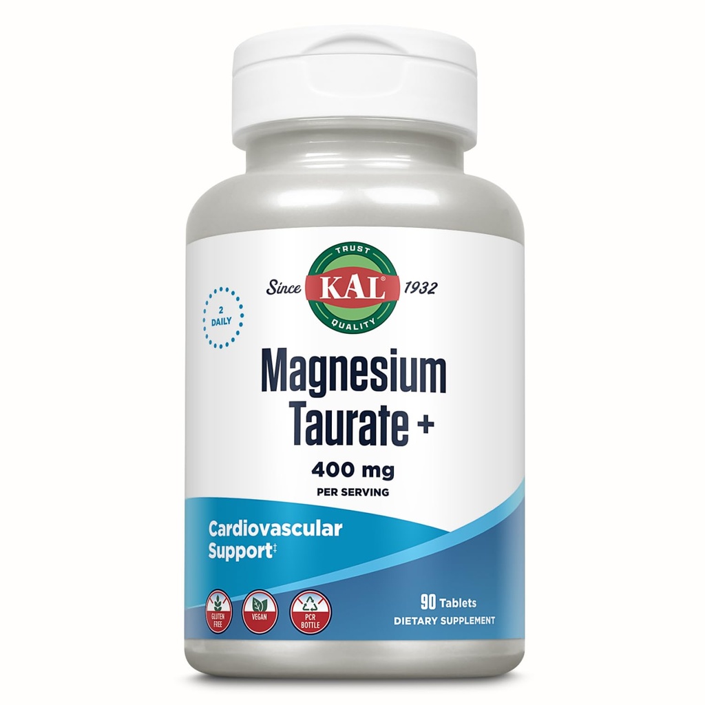 KAL Magnesium Taurate 400mg Plus CoEnzyme Vitamin B6, Chelated Magnesium supplement, sund muskelfunktion, nerve og hjerte sundhed støtte, Gluten Free, Vegan, 60- Day Garanti, 45 Serv, 90 tabletter