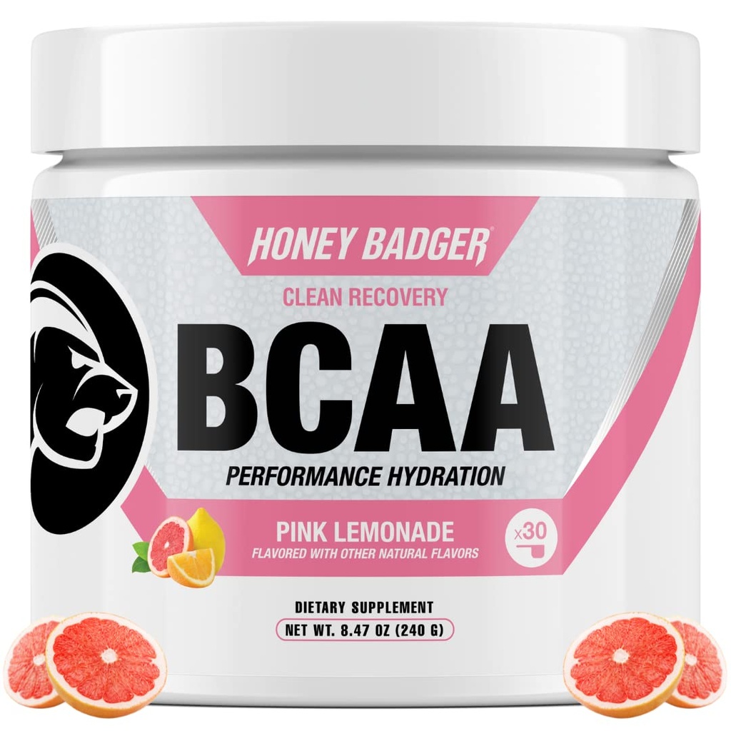 Honey Badger BCAA + EAA Aminosyrer Pulver, BCAA + L- Glutamin, Keto, Vegan, Sukker fri for mænd og kvinder, Hydration & Post Workout Muscle Recovery Drink Mix, Pink Lemonade, 30 Servere