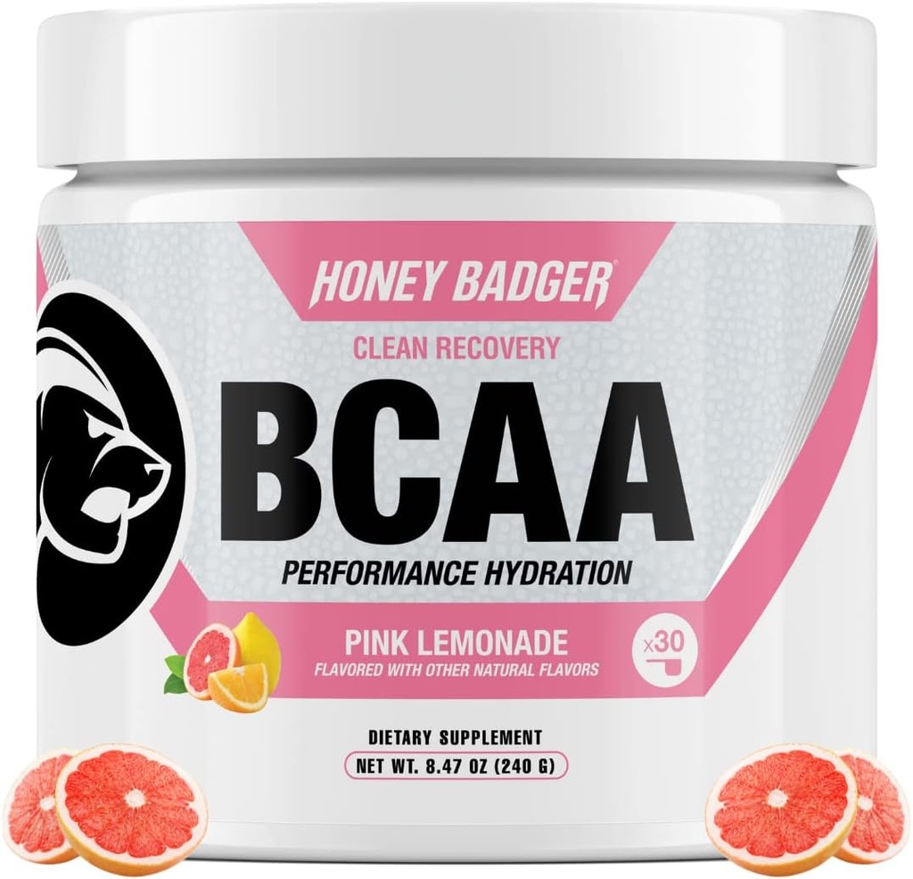 Honey Badger BCAA + EAA Aminosyrer Pulver, BCAA + L- Glutamin, Keto, Vegan, Sukker fri for mænd og kvinder, Hydration & Post Workout Muscle Recovery Drink Mix, Pink Lemonade, 30 Servere
