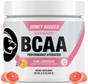 Honey Badger BCAA + EAA Aminosyrer Pulver, BCAA + L- Glutamin, Keto, Vegan, Sukker fri for mænd og kvinder, Hydration & Post Workout Muscle Recovery Drink Mix, Pink Lemonade, 30 Servere