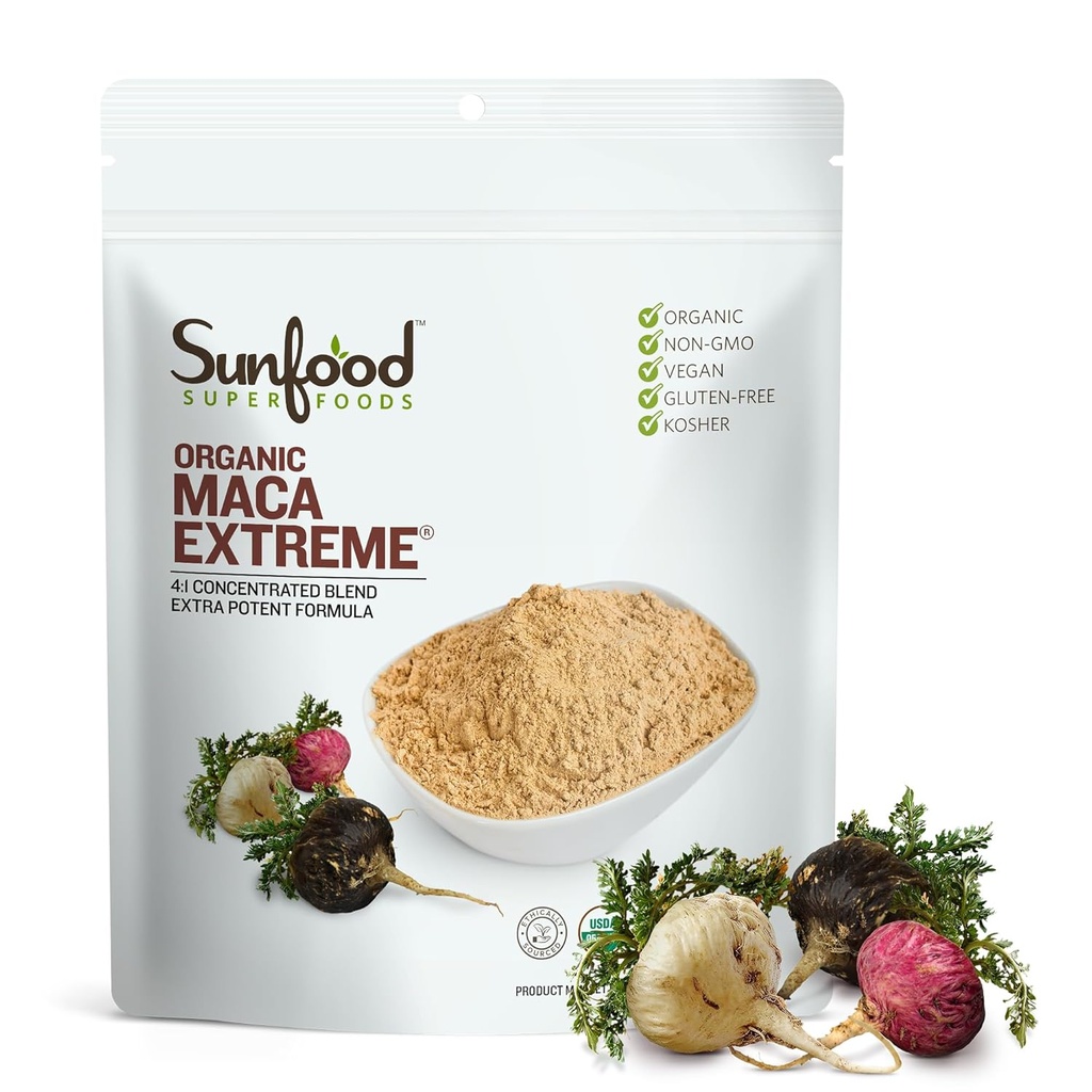 Sunfood Organic Maca Extreme - Maca Root Powder, Maca Powder Organic, Maca Supplement for mænd og kvinder med adaptogener, Peruvian, Raw, Vegan, Premium Maca Powder - 8 Oz Bag